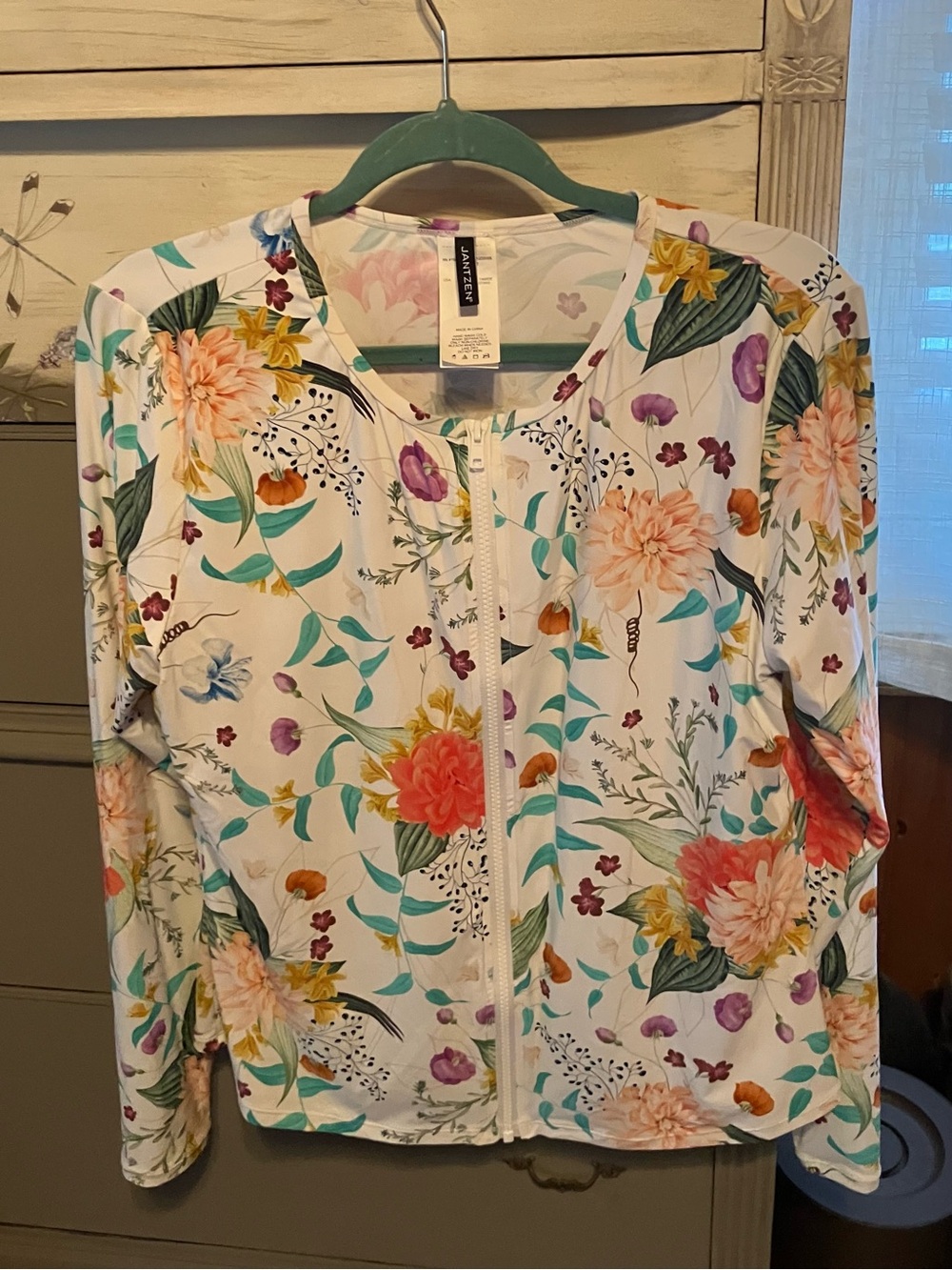Jantzen White Floral Zip Bomber Jacket with Pink & Green Accents